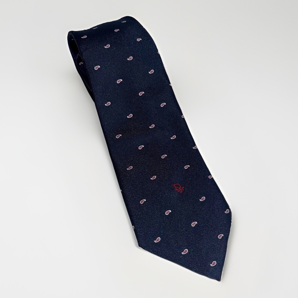 Christian Dior Navy Blue Paisley Logo Woven Silk/Polyester Blend Point Neck Tie
